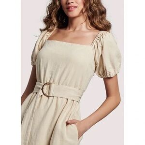 Lost+Wander Lace-Back Fit&Flare Midi Dress w Square Neckline Puff Sleeve & Belt